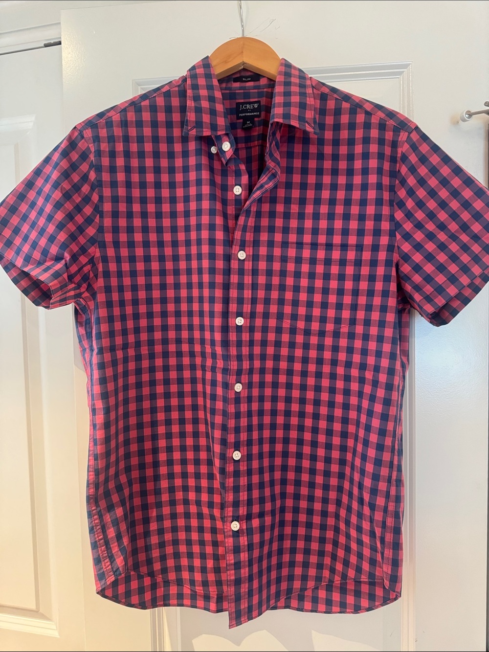 J. Crew Short Sleeve Gingham Button-Down in Pink and Navy